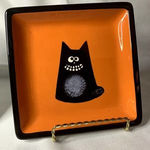 VTG Halloween Cat Ceramic Candleholder & Trinket Dish 6 x 6"
